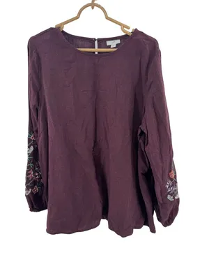 J. Jill Deep Plum maroon embroidered Long-Sleeve Round Neck top boho fall L thumbnail 1
