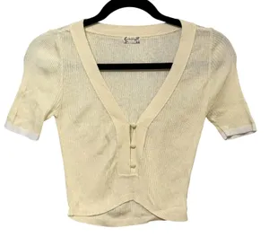 Intimately Free People Cream Ribbed Knit V-Neck Button Crop Top XS Ivory thumbnail 1