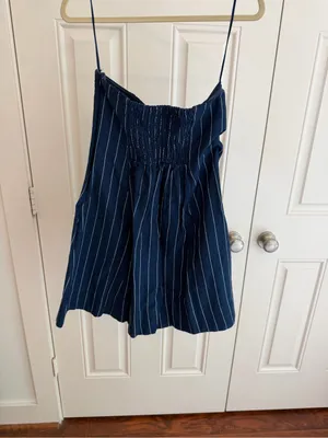 Navy Pinstripe Mini Dress | Denim Look Fit & Flare Dress thumbnail 3
