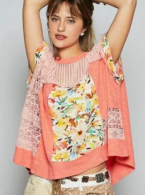 POL NEW Hollow Out Floral Half Sleeve Knit Top in coral - small thumbnail 1