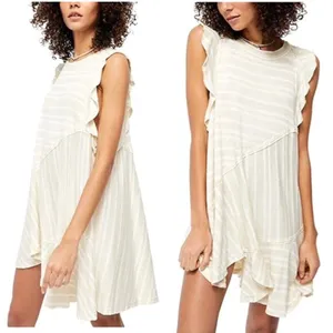 Free‎ People Mini Dress Women Small Beige Stripe Ruffle Sun Valley Boho Tunic thumbnail 2