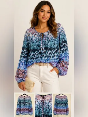 BCBGMAXAZRIA Feather Print Sheer Peasant Blouse Blue Purple Tie Neck Size L thumbnail 3