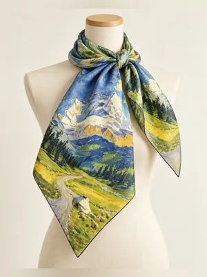 Silk Wool Scarf 23.6” Square Mountain Landscape Print Blue Green Art Scarf thumbnail 1
