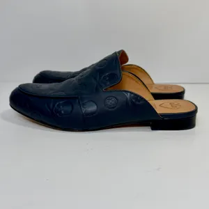 G/FORE Skull & T's Embossed Leather Mules Womens 7.5 Blue Preppy Gothic Twilight thumbnail 2