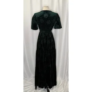 BALTIC BORN Green Velvet Artemis Maxi Dress Tonal Floral Smocked Flutter Small thumbnail 7