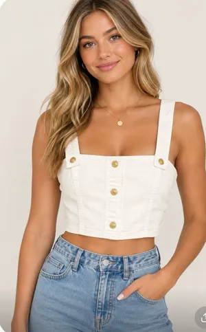 Michael Kors Women's Cream Cropped Button-Front Tank Top size‎ Small thumbnail 1