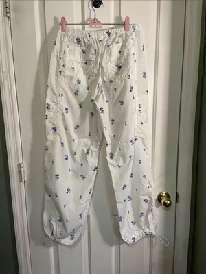 PINK Victoria's Secret White Cargo Joggers with Blue Floral Print thumbnail 4