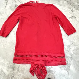 Chico's Womens Sz 1 like 8/Medium Red 3/4 Sleeve Open Front Linen Fringe Sweater thumbnail 2
