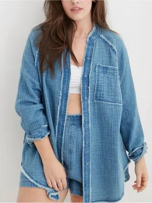 Aerie Washed Blue Button-Up Size Small thumbnail 1