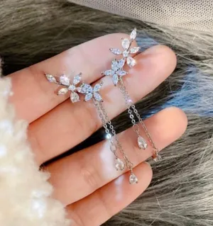 18K White Gold Plated Crystal Flower Tassel Dangle Drop Earrings thumbnail 1