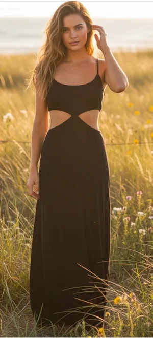 Free People Beach Black Cutout Maxi Dress SL Spaghetti Strap cutout front Boho thumbnail 1