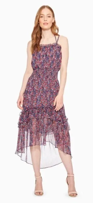 Parker‎ Amethyst Floral Silk Chiffon Purple & Red Floral Midi Dress M thumbnail 1