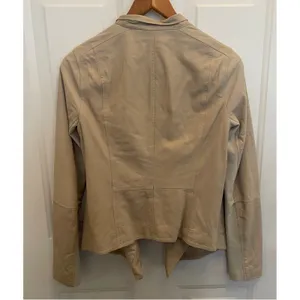 Vince Tan Beige Draped Open Front Leather Jacket‎ Ribbed Knit Sleeve Womens S thumbnail 7