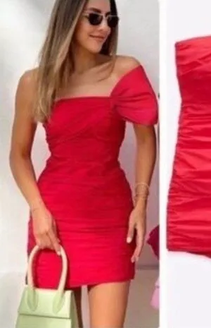 Zara Bright Red One-Shoulder Ruched Mini Dress Size S thumbnail 1