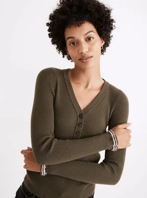 Madewell | Olive Ruffle-Cuff Henley Sweater | Medium thumbnail 1