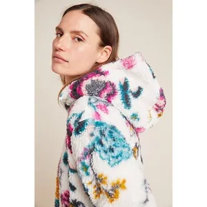 ANTHROPOLOGIE Rosemarie Hooded Sherpa Jacket Teddy Sweater Floral XS thumbnail 3