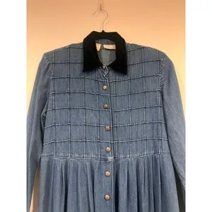 Vintage 90s Karin Stevens Denim Maxi Dress Velvet Collar Button Front 6P thumbnail 5
