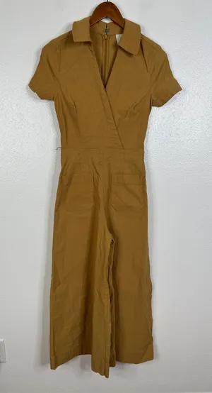 Maeve Anthropologie Mustard Yellow Linen Blend Short Sleeve Wide Leg Jumpsuit 0 thumbnail 1