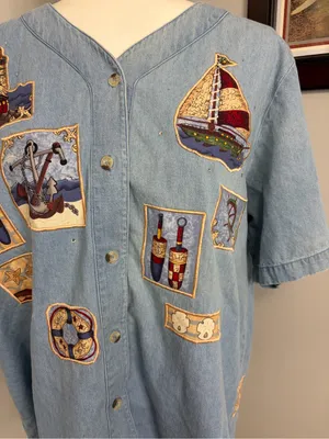Vintage Quacker Factory womens nautical baseball button up shirt sailboats denim thumbnail 3