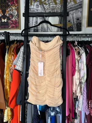 Oh Polly Nude Ruched Mesh Strapless Mini Dress Bodycon UK12 US8 New NWT thumbnail 5