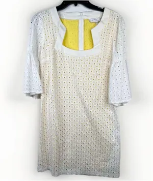 Trina Turk White Eyelet Bell Sleeve A-Line Dress Size 8 Yellow Lining Cotton thumbnail 1