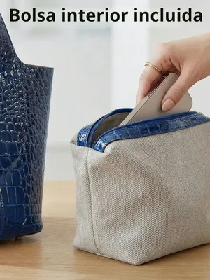Luxury Navy Blue Croc-Embossed Bucket Bag with Gold Hardware & Charm thumbnail 5