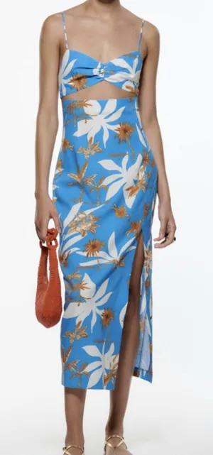 Zara Linen Blend Floral Cutout Midi Dress Women’s XS thumbnail 1