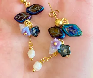 Handmade quality Czech glass beads flowers & leaves & natural shell pearls dangle earrings💜🤍🍃 thumbnail 4