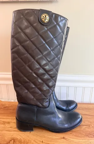 Tory Burch Kiernan Quilted Leather Riding Boots Brown Logo 8.5M thumbnail 1