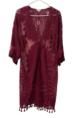 Everleigh Size M Burgundy Red Lace Open Front Duster Bohemian Peasant Formal‎ thumbnail 1