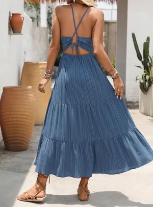 Flowy Summer Sundress Backless Bohemian Maxi Blue Size none thumbnail 2