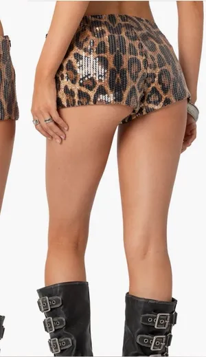 Edikted Sequin Leopard Print Micro Shorts Brown Black Womens Small Stretch NEW thumbnail 1