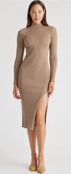 Quince Eco-Knit Ribbed Mock Neck Sweater Dress in Warm Taupe Size Large thumbnail 1