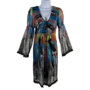 Vintage Oleg Cassini 80s 90s Abstract Boho Sheer Bell Sleeve Midi Dress Sz 6 thumbnail 3