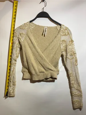 Anthropologie Lace Sleeve Faux Wrap V Neck Stretch Knit Sweater Top XS thumbnail 5
