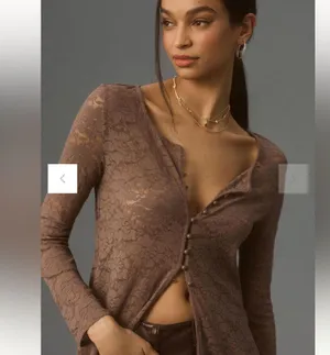 ANTHROPOLOGIE Maeve Brown Lace Button Down Blouse Small thumbnail 4