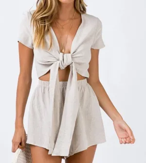 Princess Polly Ragnar Tie-Front Romper Beige thumbnail 1
