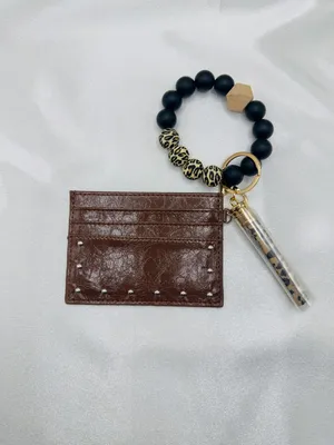 Brown Card Holder Wallet Beaded Leopard Wristlet Keychain thumbnail 2