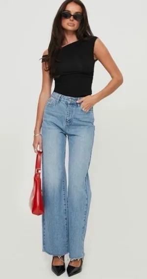 Meshki women’s straight leg light blue denim size 8 high rise raw hem thumbnail 1