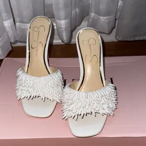 Jessica Simpson White Fringe Olya Sandal heel thumbnail 5