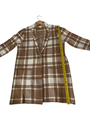 Christian Siriano Women L Plaid Knit Blazer Tan Cream Longline Preppy Office thumbnail 13