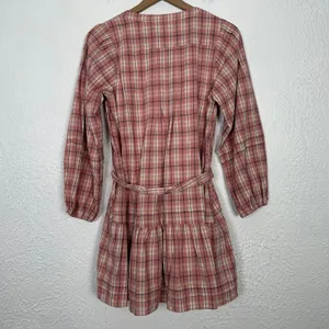 Roller Rabbit Plaid Long Sleeve V-Neck Mini Dress Cotton Pink Size XS thumbnail 2