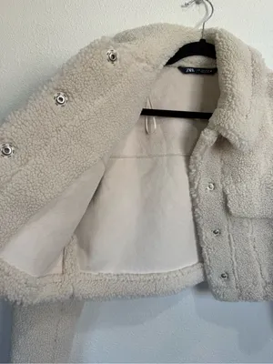 Zara Ivory Teddy Sherpa Cropped Trucker Jacket Quiet Luxury Cozy Winter Sz Small thumbnail 6