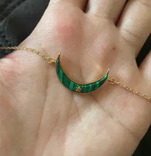 Real malachite Stone Pendant, 2 Way To Wear Moon Shape Pendant Gold thumbnail 5