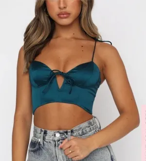 WHITE FOX Corset Teal Hunter Green Satin Tie-Front Crop Top S thumbnail 1