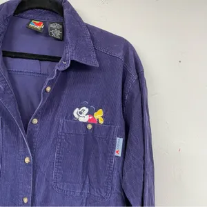 Vintage Disney Blue Corduroy Mickey & Minnie Embroidered Butterfly Down Shirt M thumbnail 2