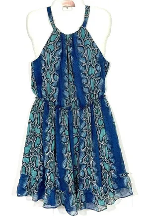 SUNDANCE Catalog Python Snake Print Lined Halter Dress Size Small Blue Ruffles thumbnail 1