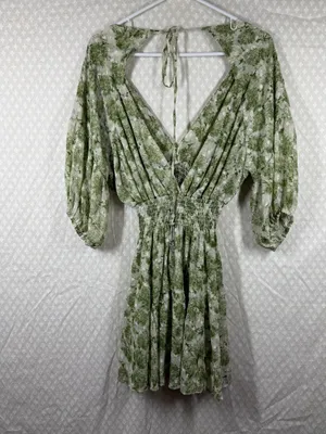Misa Green White Seven Floral Deep V Puff‎ Sleeve Mini Dress thumbnail 6