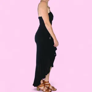 Asymmetrical Ruffle Hem Ruched Mesh Hi-Low Black Glam Party Dress thumbnail 4