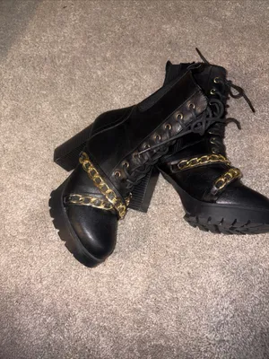 Forever Black Lace-Up Combat Boots with Gold Chain Accent size 7 thumbnail 4